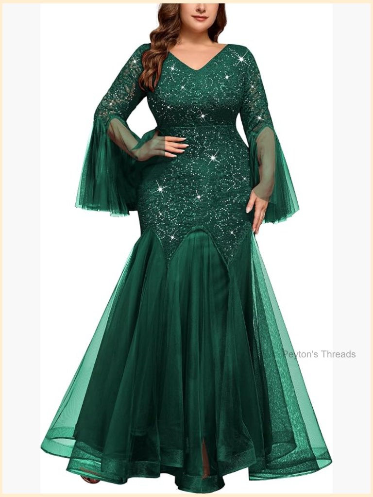 Plus Size Sequin Lace V-Neck Long Sleeve Tulle Mermaid Evening Dress Maxi